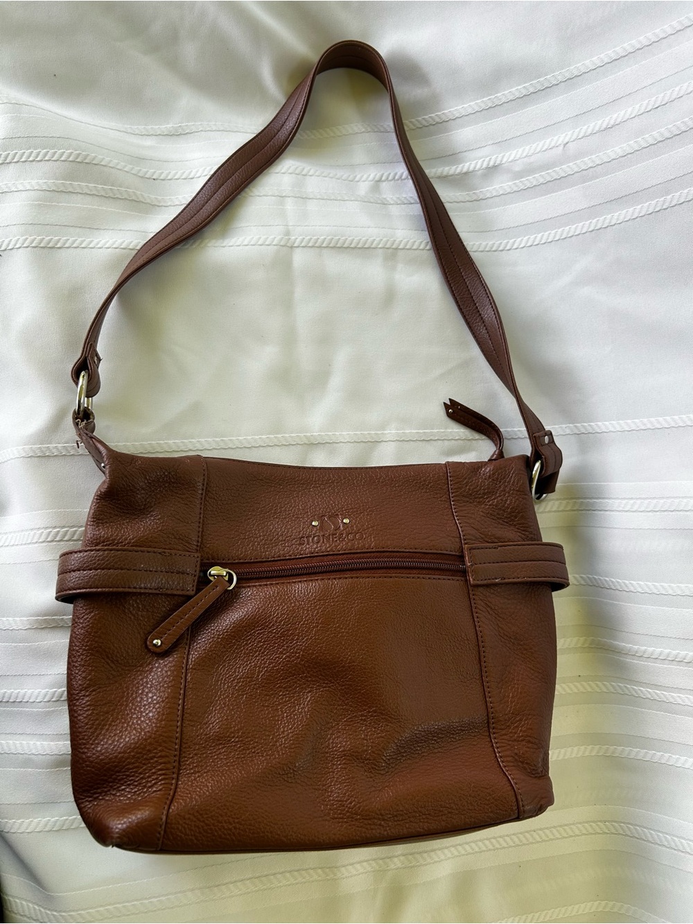 Stone & Co. Brown Pebbled Leather Womens Purse Shoulder Bag Zipper Single Strap